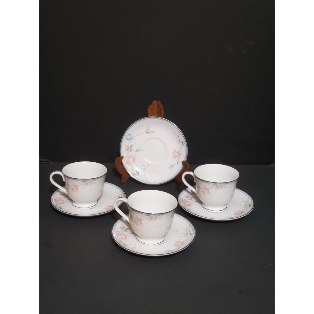 Oneida Lycee Footed Cup Saucer Set GMI 3300 Fine China Japan Pink Blue Rose 7pc